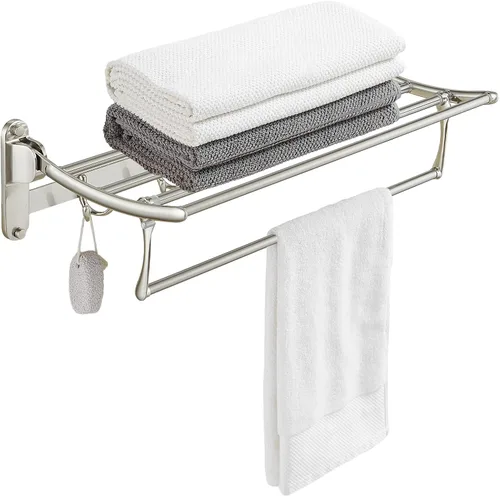 BESy Toalleros de 24 Pulgadas de Níquel Cepillado, Estante de Toallas de Baño con Barra Plegable y Ganchos para Toallas, Accesorios de Baño