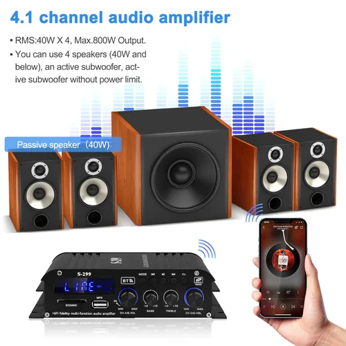 Miniatura 4 de Amplificador de potencia de audio para altavoces domésticos -S-299 Bluetooth 5.0 amplificador de potencia 4.1 canales RMS 40Wx4 Subwoofer AMP DC