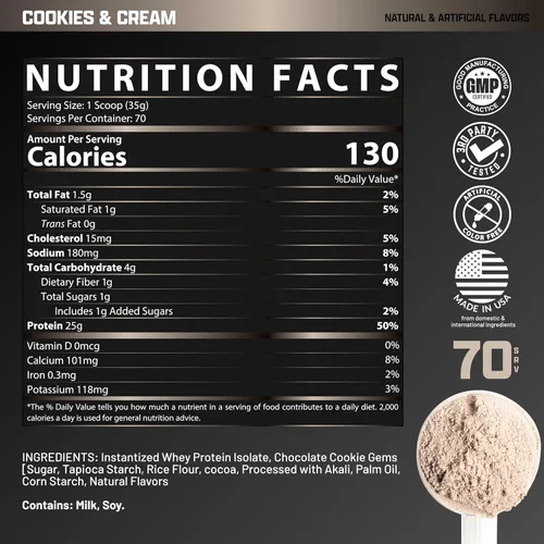 Miniatura 6 de Nutrex Research IsoFit Polvo de Proteína de Suero Instantáneo 100% Proteína Aislada de Suero (70 Porciones, Galletas y Crema)