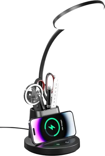 Miniatura 9 de Lámpara de escritorio Vicsoon con cargador inalámbrico, lámpara de escritorio LED para oficina en casa con soporte para bolígrafo, luz de escritorio