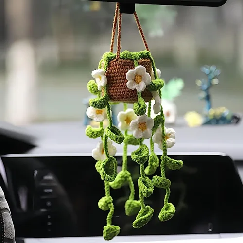 Miniatura 7 de Adorno para colgar en automóvil, lindo adorno de planta de ganchillo para espejo retrovisor, decoración de espejo retrovisor tejido a mano