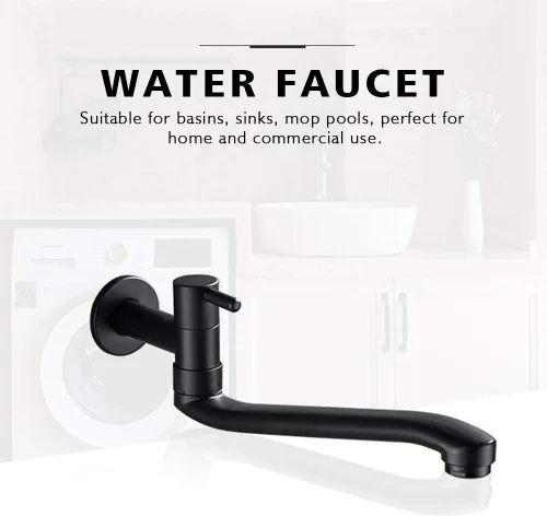 Miniatura 3 de Grifo de agua fría negro montado en la pared lavadora fregona piscina jardín grifos (8.3 in)