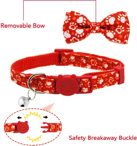 Miniatura 2 de Paquete de 2 collares de gato de Papá Noel de Navidad con patas de invierno y copo de nieve con pajarita y campana, lindo collar de gatito navideño