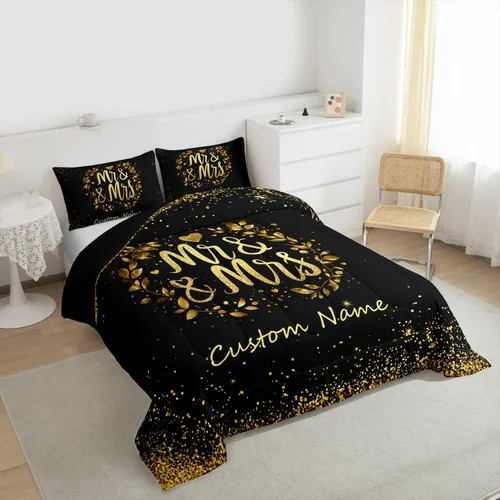 Miniatura 6 de Juego de ropa de cama personalizado con lentejuelas negras y doradas, tamaño individual, edredón de corazón dorado con purpurina para mujeres