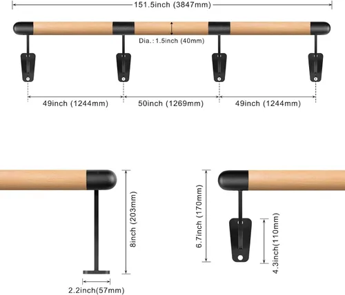 Miniatura 5 de Sistema de Barra de Ballet Montada en la Pared de Madera SELEWARE de 4-12 pies de Largo para Movimientos de Barra en Casa o Estudio, Estiramiento