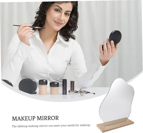 Miniatura 3 de Espejo de maquillaje de escritorio irregular con soporte, espejo de tocador plateado estético para mujer, diseño compacto con función de aumento