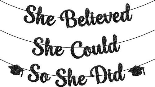 KatchOn, Cartel de She Believed She Could So She Did, con purpurina, 10 pies, sin bricolaje, pancarta negra para decoraciones de graduación 2026 |