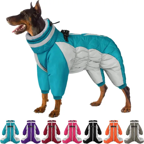 Miniatura 10 de Abrigo de cuerpo completo para perro – Chaqueta cálida de vellón para perros grandes, abrigos de invierno de cuello alto con arnés, traje de nieve