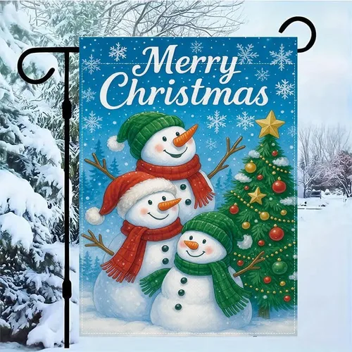 Miniatura 2 de Bandera de jardín de Navidad ActFirst de 12 x 18 pulgadas, bandera de muñeco de nieve de familia de Navidad Feliz con árbol, pequeña decoración