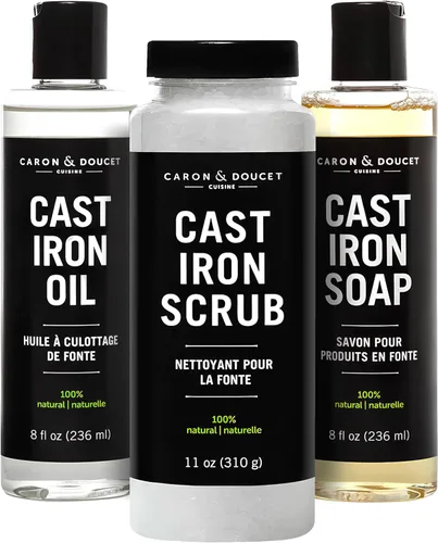 CARON & DOUCET - Juego de Hierro Fundido Definitivo: Aceite para Sazonar, Jabón de Limpieza y Exfoliante Restaurador | 100% a Base de Plantas y lo 2