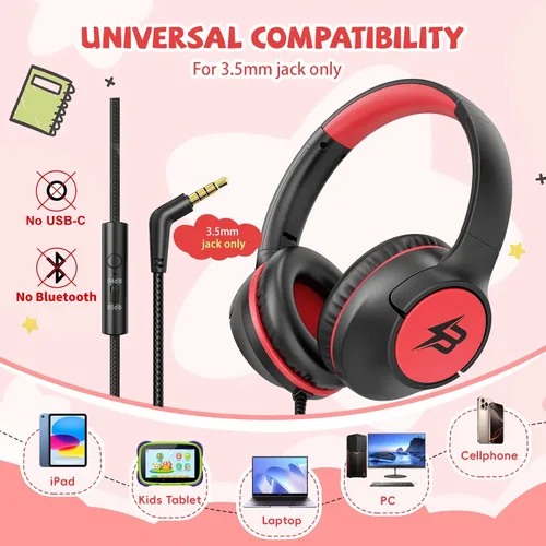 Miniatura 4 de Auriculares para niños con cable para la escuela, límite de volumen de 85/94 dB, auriculares con cable sobre la oreja para niños y niñas
