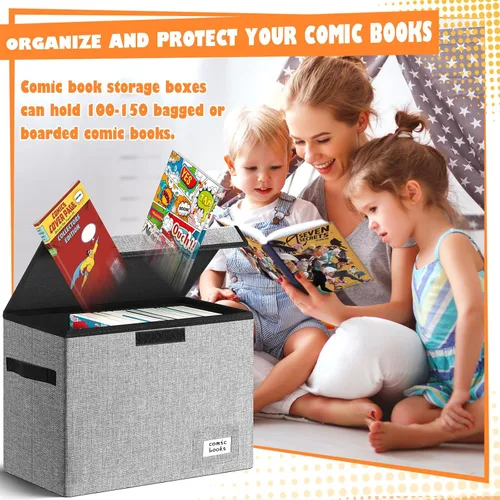 Miniatura 3 de Leffis Almacenamiento de Cómics, Caja de 15.5" X 7.5" X 11.3", Caja Corta Plegable para Cómics con Tapas que Contiene 150 Cómics, Contenedor Gris