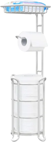 Miniatura 14 de Soporte de rollo de papel higiénico para baño, soporte de papel higiénico de pie con estante de almacenamiento central, reserva de mega E-plata