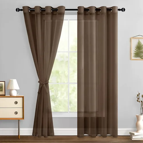Miniatura 127 de Hiasan - Cortinas traslúcidas de gasa cortas semitransparentes con ojales y alzapaños filtrantes de luz para ventana, dormitorio, baño, 2 paneles