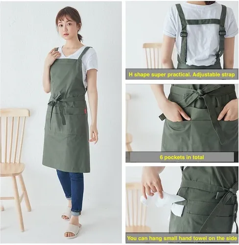Miniatura 4 de Jeelow Delantal de cocina de algodón o sarga de algodón para hombres y mujeres, ajustable con bolsillos ajustables