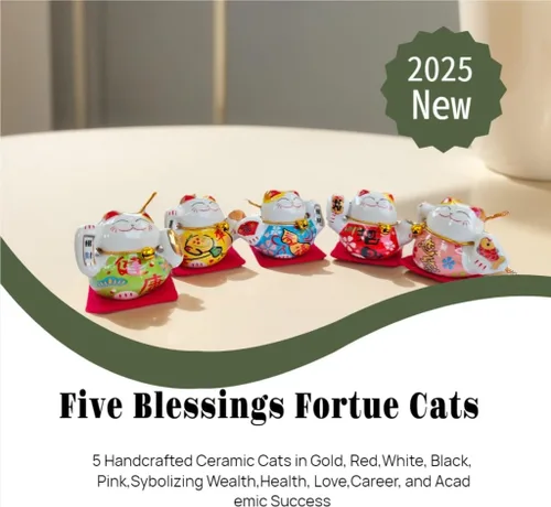 Miniatura 2 de Lucky Statue - Juego de figuras de cerámica china de gato, 5 mini gatos de la fortuna, adorno de escritorio pequeño, colección de ideas asiáticas