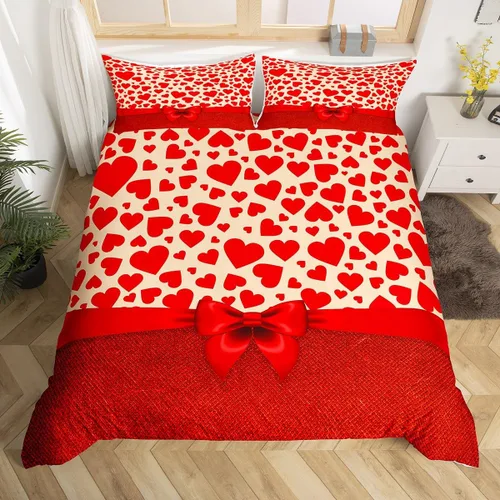 Erosebridal Juego de funda de edredón de corazón rojo para parejas, juego de ropa de cama romántica con lazo, decoración del día de San Valentín,