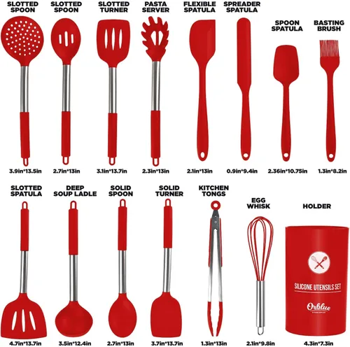 Miniatura 7 de ORBLUE Juego de utensilios de cocina de silicona, utensilios de cocina de 14 piezas con soporte, cabezales de silicona seguros de grado alimenticio