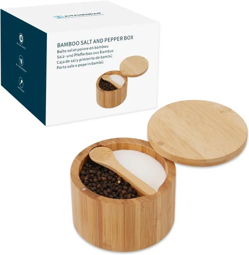 KITCHENDAO - Salero y pimientero de bambú con caja, cuchara incorporada, recipiente de condimentos de dos compartimentos, soporte para salero de sal