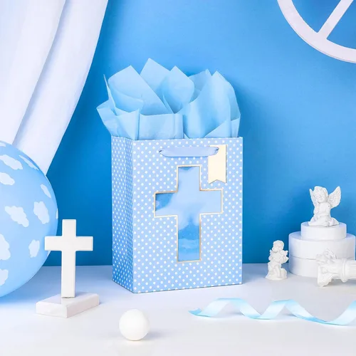 Miniatura 3 de Loveinside Bolsa de regalo azul, bolsa de regalo con diseño de cruz religiosa y puntos con papel de seda, etiqueta para bautismos de bebé, baby