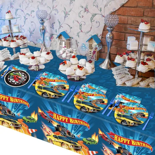 Miniatura 6 de 98 piezas de decoración de fiesta de coches de carreras para 24 invitados, juego de vajilla de coche de carreras, servilletas, mantel, suministros