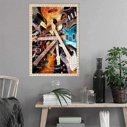 Miniatura 5 de Pintura de diamantes, guitarra eléctrica rodeada de fondo de relámpagos, arte para adultos relajarse y decoración de pared del hogar, regalo