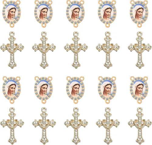 Miniatura 10 de Juego de 20 piezas de conectores de medalla de santos católicos con diamantes de imitación y dijes de cruz de cristal para suministros religiosos