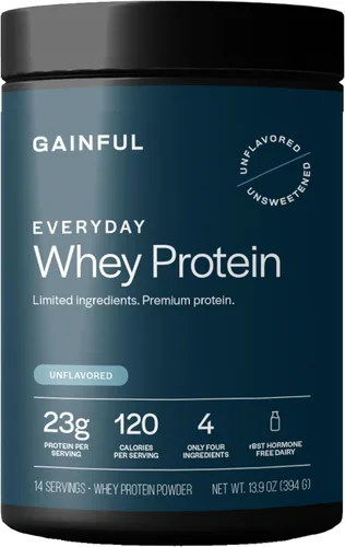 Gainful Everyday Whey Protein en polvo, 23g de proteína por porción, sin sabor, apoya el crecimiento muscular, la recuperación y la nutrición