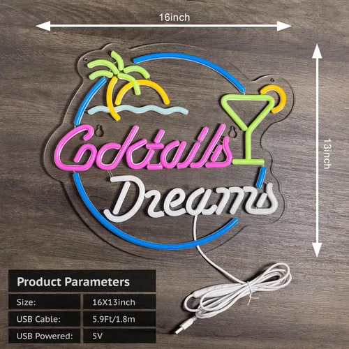 Miniatura 3 de Roouneon Letrero de neón para decoración de pared, cócteles y sueños con luces LED regulables, letrero de neón para barra de cerveza