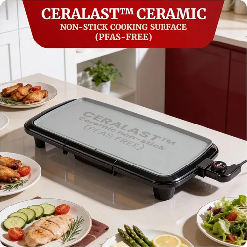 Miniatura 5 de Elite Gourmet Plancha eléctrica de 10 x 20 pulgadas, superficie antiadherente Ceralast™ de cerámica grande sin PFAS, asas de tacto frío, termostato