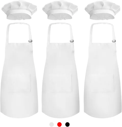 Novelty Place Juego de 3 delantales para niños con gorro de chef (juego de 3) – Babero infantil agradable a la piel con bolsillo – Cocina, hornear,