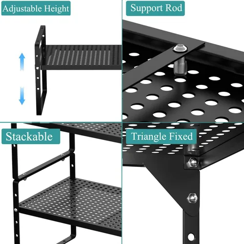 Miniatura 7 de Paquete de 2 organizadores de estantes de gabinete de cocina expandibles, estantes de almacenamiento de despensa de metal apilables, estante de Negro