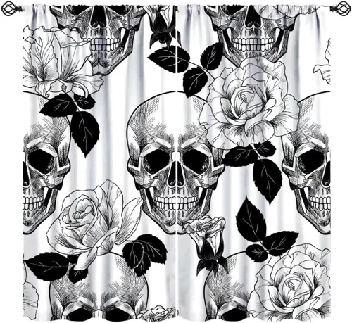 Miniatura 10 de Divertidas cortinas opacas de calavera de azúcar, cementerio del día de los muertos, diseño floral de México, telón de fondo negro, cortinas