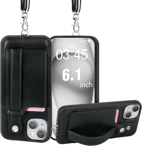 TOOVREN Funda tipo cartera para iPhone 15 con tarjetero y cordón para teléfono, funda de cuero para iPhone 15, funda tipo cartera con soporte para