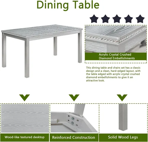 Miniatura 4 de LUMISOL - Juego de mesa de comedor de madera maciza con 4 sillas tapizadas y banco para cocina, comedor, sala de estar, gris plateado