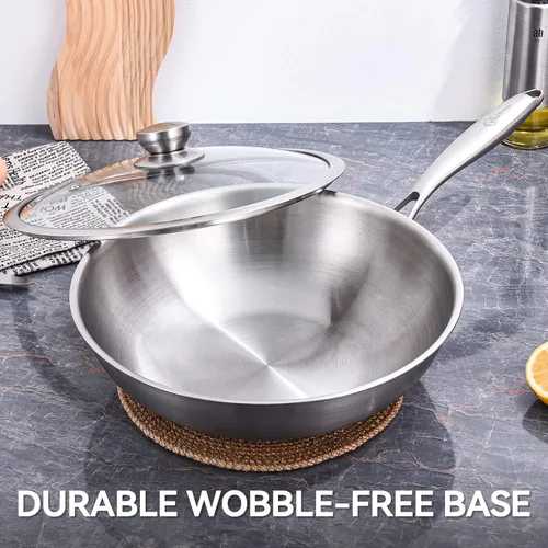 Miniatura 6 de LOLYKITCH Wok pequeño de acero inoxidable de 11 pulgadas con tapa, sartén de tres capas, wok de cocina sin recubrimiento para inducción y vidrio