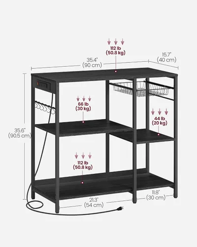 Miniatura 3 de VASAGLE Estante de cocina, soporte para barra de café con estación de carga, 35.6 pulgadas de alto, estantes de almacenamiento, canasta de alambre