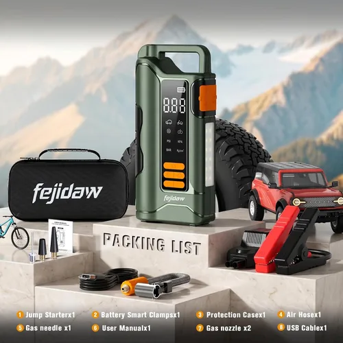 Miniatura 8 de Arrancador con compresor de aire, batería de automóvil de 6000 A, arrancador de batería de 20000 mAh portátil para motor de gasolina/diésel de 10