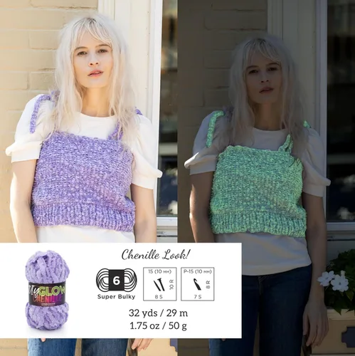 Miniatura 3 de Lion Brand Yarn Chenilla Resplandeciente DIY, Hilo Grueso, Glow Worm, 1 Paquete