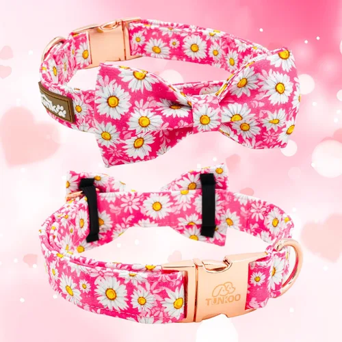 Miniatura 2 de Tunkoo Pink Daisy - Collar para perro con corbata de lazo de flores, collar ajustable de algodón de alta calidad, hebilla de metal duradera