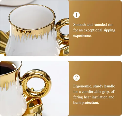 Miniatura 2 de Juego de 6 tazas de café turco de cerámica de 3.5 onzas, tazas y platillos de porcelana para capuchino italiano británico con ribete dorado