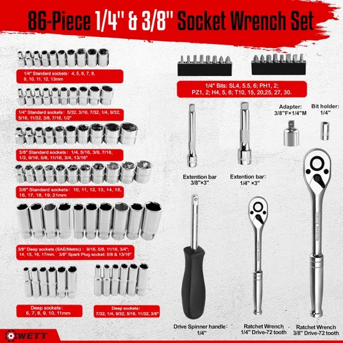Miniatura 2 de WETT Juego de llaves de 1/4" y 3/8", juego de enchufes de 86 piezas con trinquete de liberación rápida, barra de extensión, adaptador, bits de 1/4