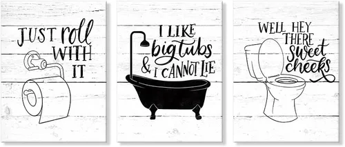 Miniatura 2 de Arte Gracioso de Baño en Lona para Pared en Blanco y Negro Juego de Inodoro y Tina Cartel Impreso en 3 Piezas Pintura de Citas de Baño Estilo Retro