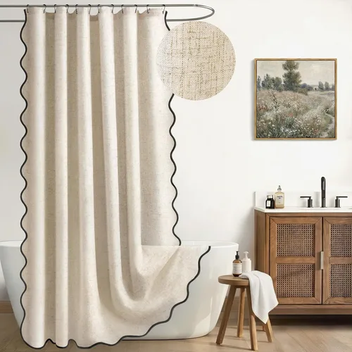 Miniatura 22 de Cortina de Ducha de Lino Beige Bonita Negra Festoneada Boho Moderna Cortinas de Ducha para Baño Juego, 48" W x 72" L