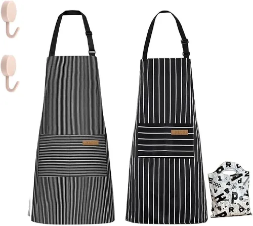 Miniatura 6 de Chef Apron Bib Apron with 2 Large Pockets Adjustable Neck Strap Kitchen Apron Cooking Apron Stripes Baking Apron