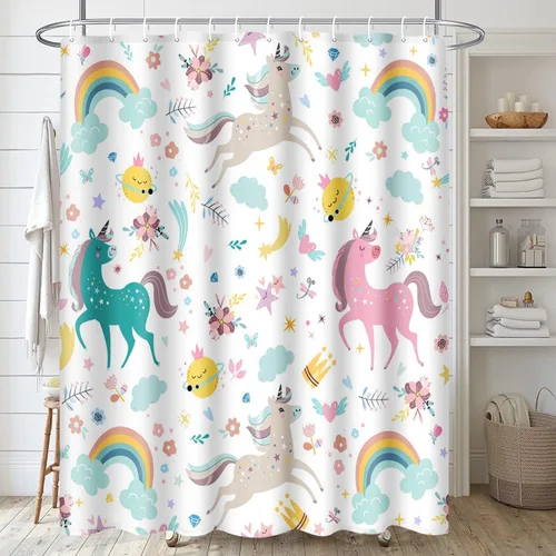 Miniatura 5 de Emvency Cortina de ducha para niños, diseño de unicornio azul arcoíris, rosa, flecha, hermosa tela de poliéster impermeable, 72 x 72 pulgadas, juego