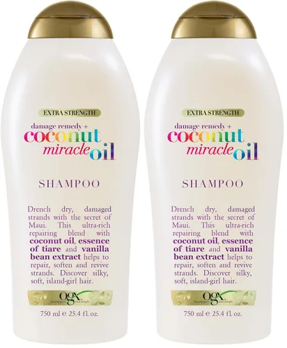 Miniatura 9 de OGX Remedio Extra Fuerte para Daño + Champú de Aceite Milagroso de Coco para Cabello Seco, Frizz o Grueso, Champú Hidratante y Antiencrespamiento