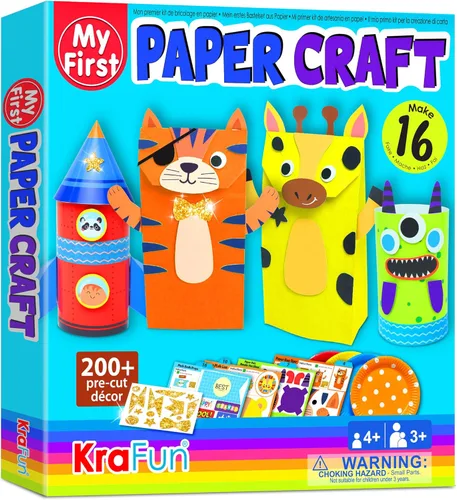 KRAFUN Mi Primer Kit de Manualidades de Papel de Animales Safari, 16 Animales de Zoológico de Artes y Manualidades DIY, Caja de Suministros de