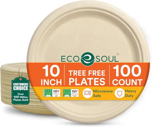 ECO SOUL Platos de papel compostables de 10 pulgadas, paquete de 100 – Platos de papel desechables resistentes, bagazo de caña de azúcar