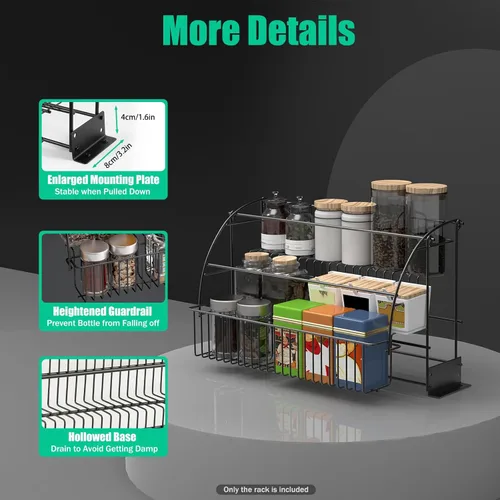 Miniatura 7 de Estante de especias desplegable de 3 niveles, organizador de almacenamiento de cocina de gran capacidad, barandilla elevada y placa de montaje